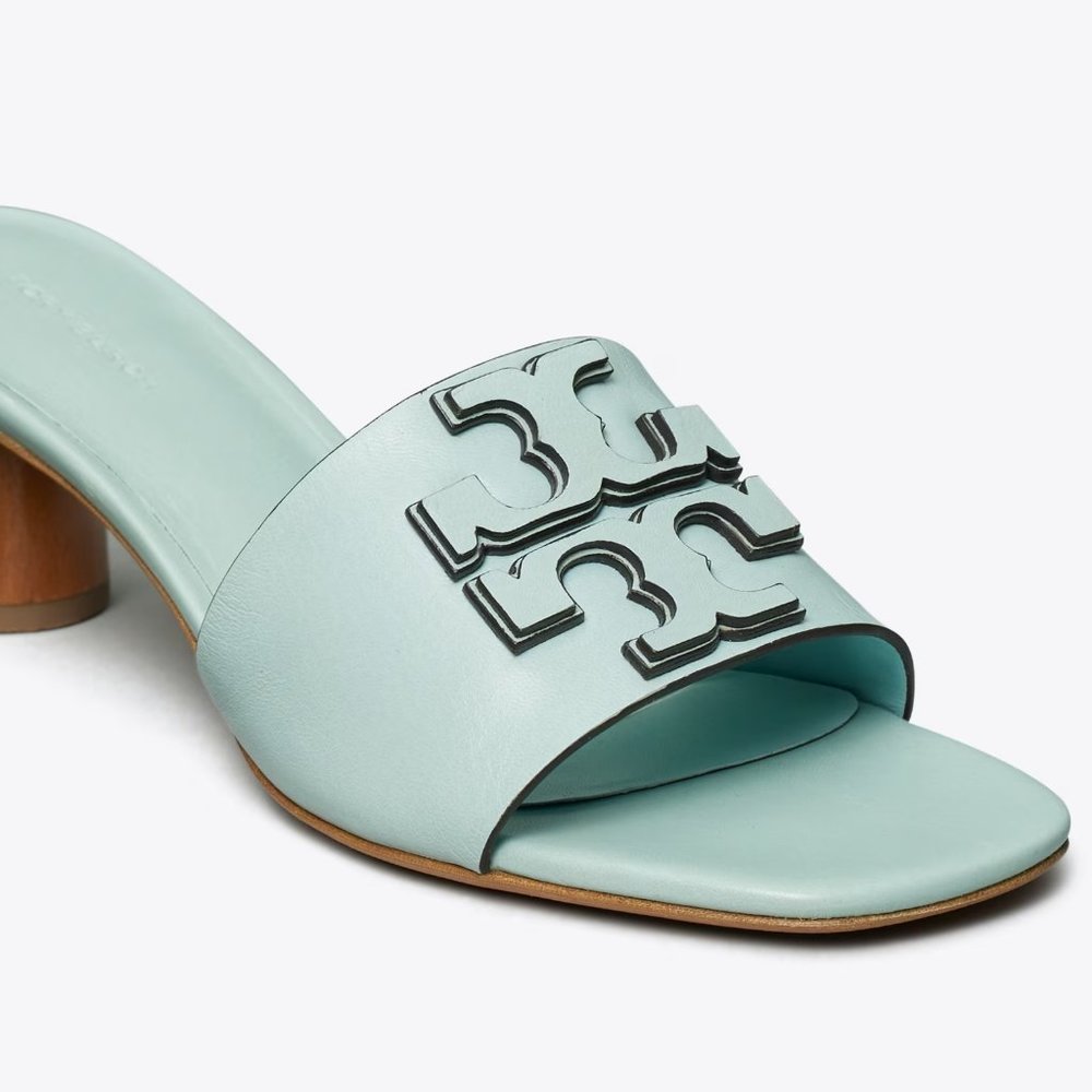 Tory Burch $298 Ines 55MM Leather Mules Blue Turquoise Sea Bubble Mid Heel - Picture 5 of 9